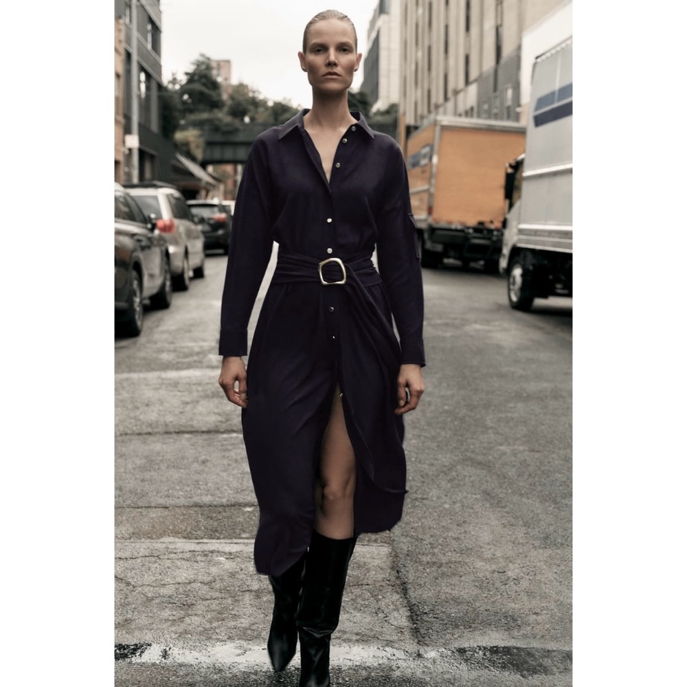NWT ZARA BELTED MIDI SHIRTDRESS M BLACK